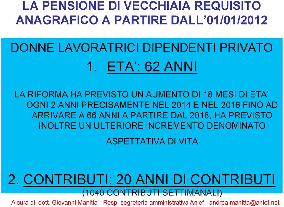 ETA : 62 ANNI LA RIFORMA HA PREVISTO UN AUMENTO DI 18 MESI DI ETA OGNI 2 ANNI PRECISAMENTE NEL 2014 E