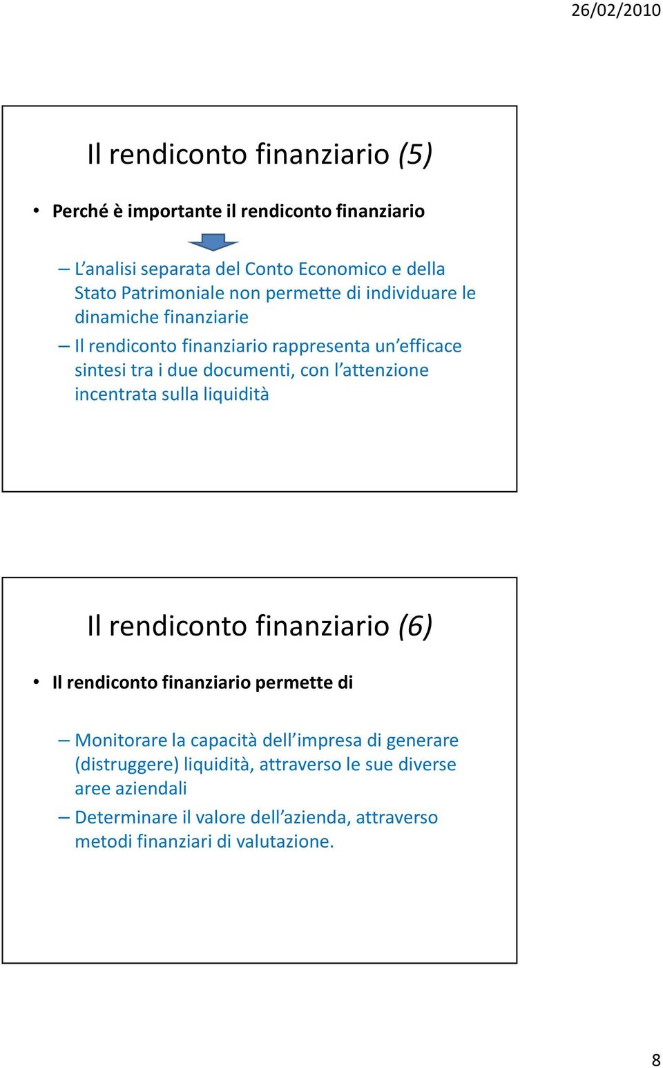 incentrata sulla liquidità Il rendiconto finanziario (6) Il rendiconto finanziario permette di Monitorare la capacità dell impresa di generare