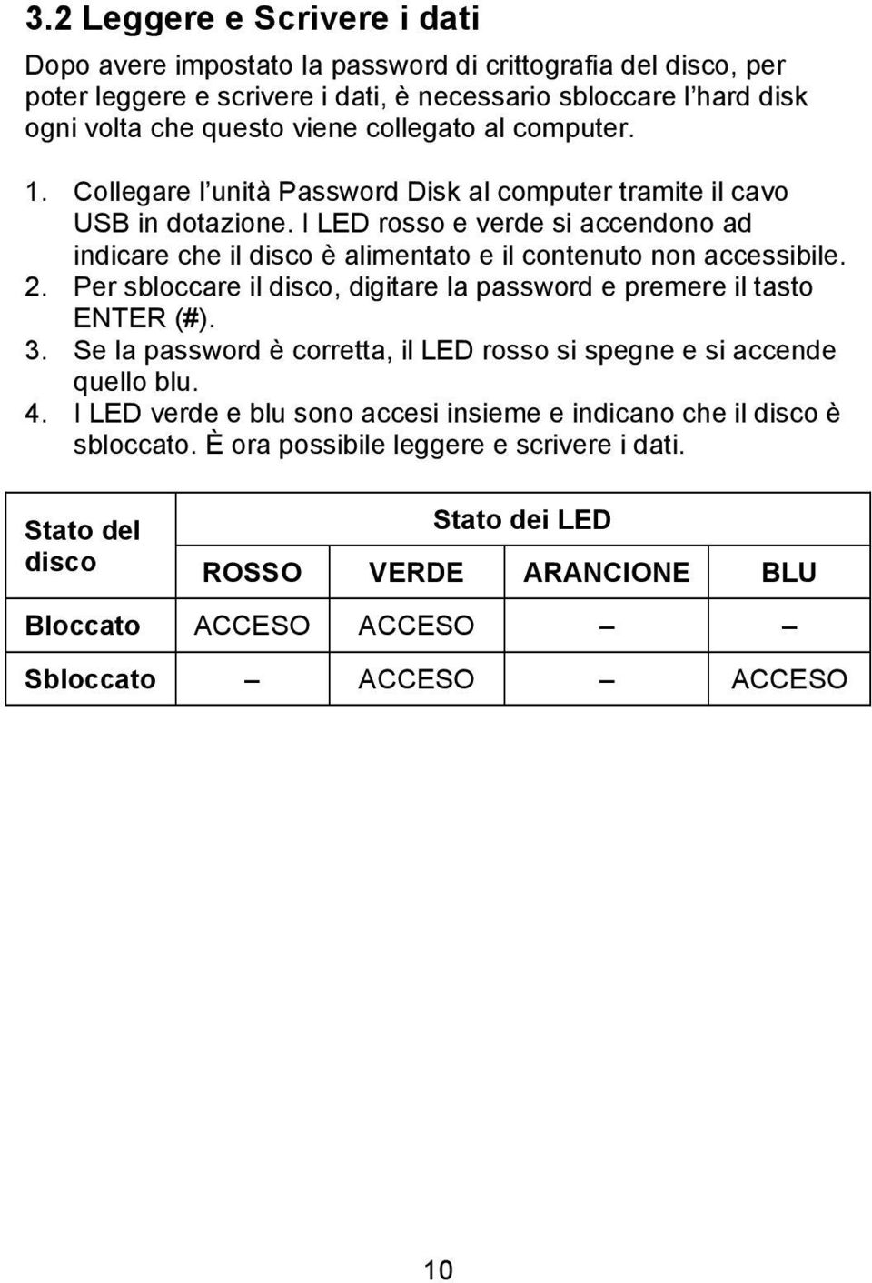 I LED rosso e verde si accendono ad indicare che il disco è alimentato e il contenuto non accessibile. 2. Per sbloccare il disco, digitare la password e premere il tasto ENTER (#). 3.