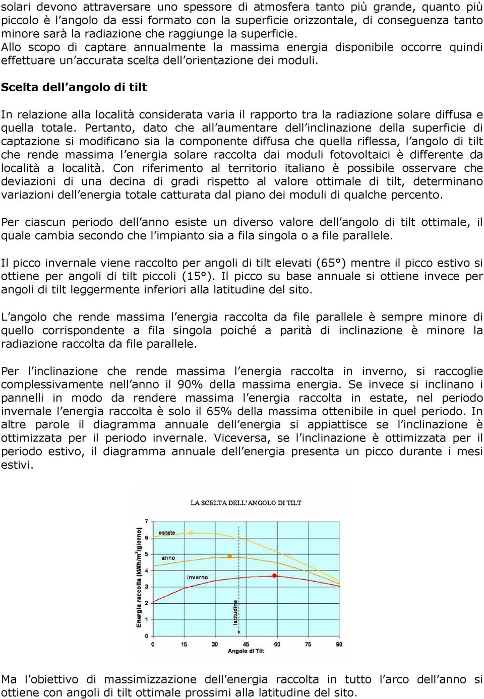 Scelta dell angolo di tilt In relazione alla località considerata varia il rapporto tra la radiazione solare diffusa e quella totale.