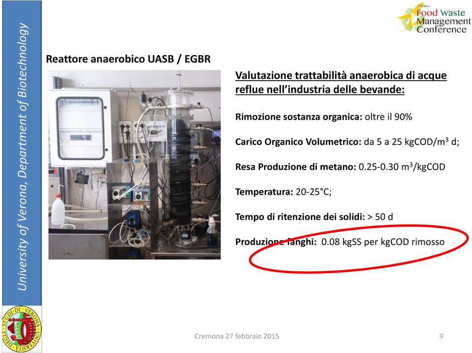 5 a 25 kgcod/m 3 d; Resa Produzione di metano: 0.25-0.