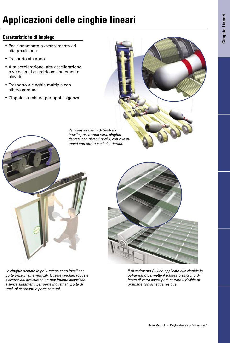 diversi profili, con rivestimenti anti-attrito e ad alta durata. Le cinghie dentate in poliuretano sono ideali per porte orizzontali e verticali.