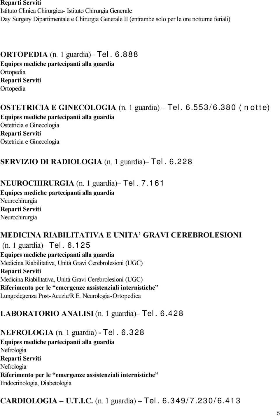 guardia) Tel. 7.6 Neurochirurgia Neurochirurgia MEDICINA RIABILITATIVA E UNITA GRAVI CEREBROLESIONI (n. guardia) Tel. 6.