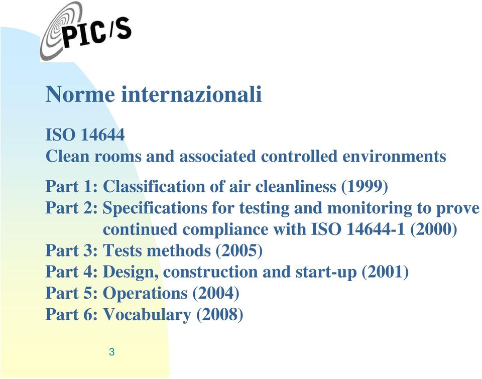 to prove continued compliance with ISO 14644-1 (2000) Part 3: Tests methods (2005) Part 4: