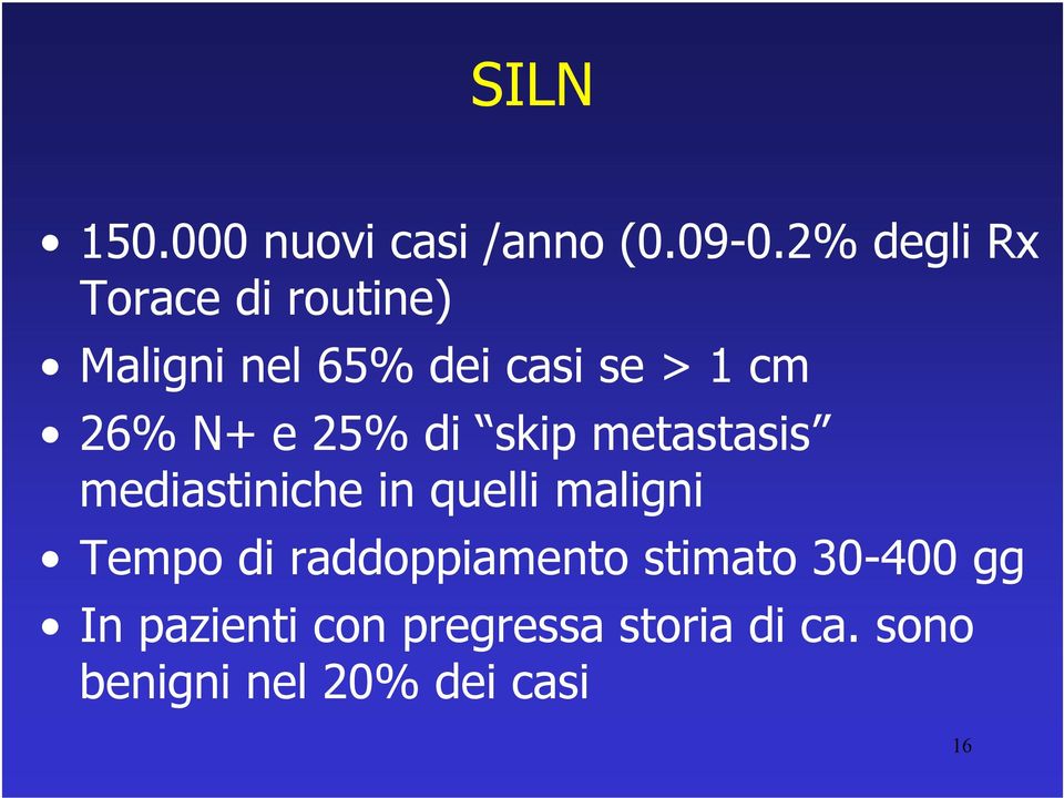 N+ e 25% di skip metastasis mediastiniche in quelli maligni Tempo di