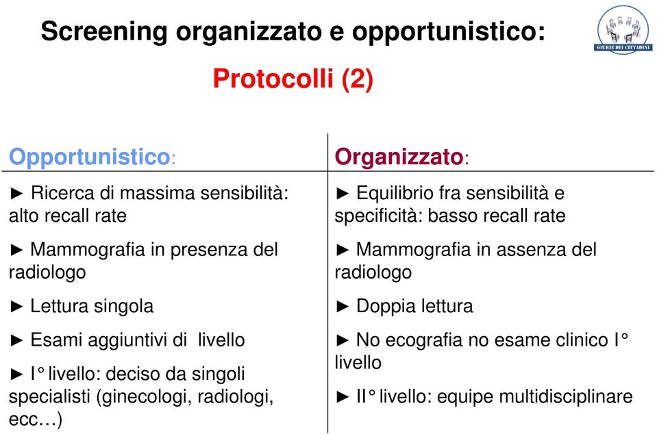 specialisti (ginecologi, radiologi, ecc ) Organizzato: Equilibrio fra sensibilità e specificità: basso recall rate