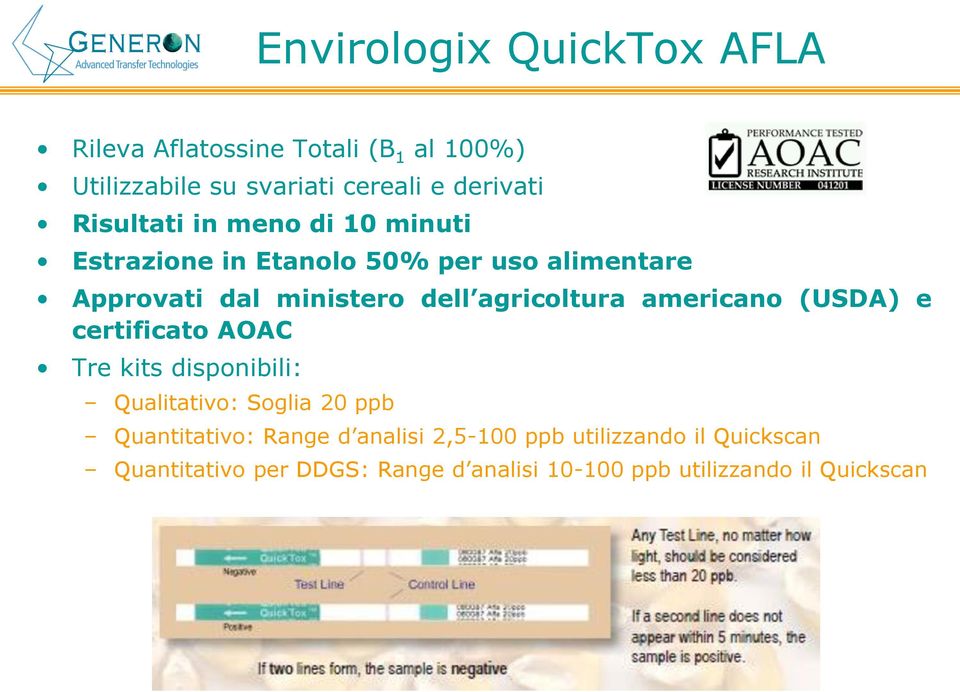 agricoltura americano (USDA) e certificato AOAC Tre kits disponibili: Qualitativo: Soglia 20 ppb Quantitativo: