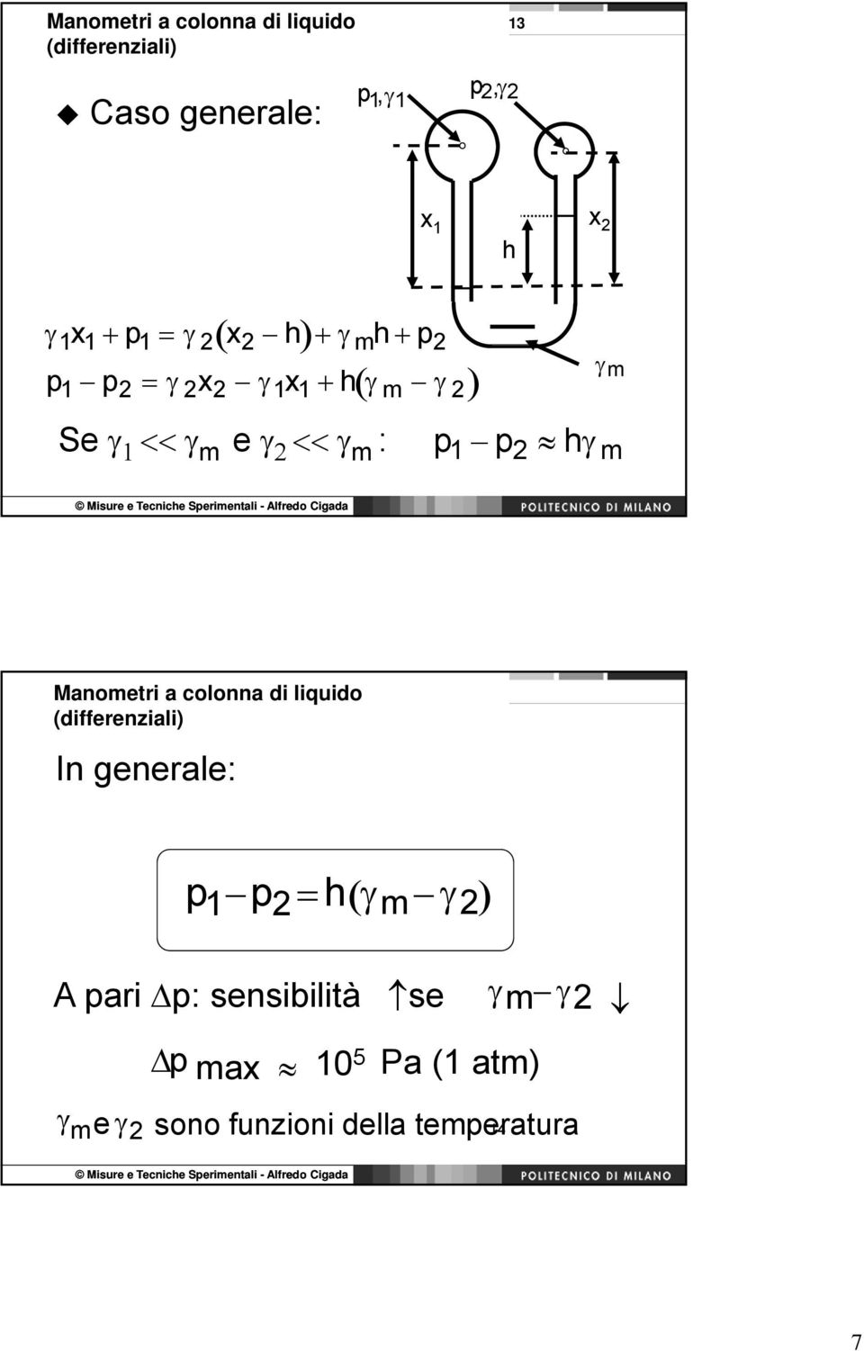 : p 1 p 2 hγ m γ m Manometri a colonna di liquido (differenziali) In generale: p p = h( γ m γ ) 1 2 2