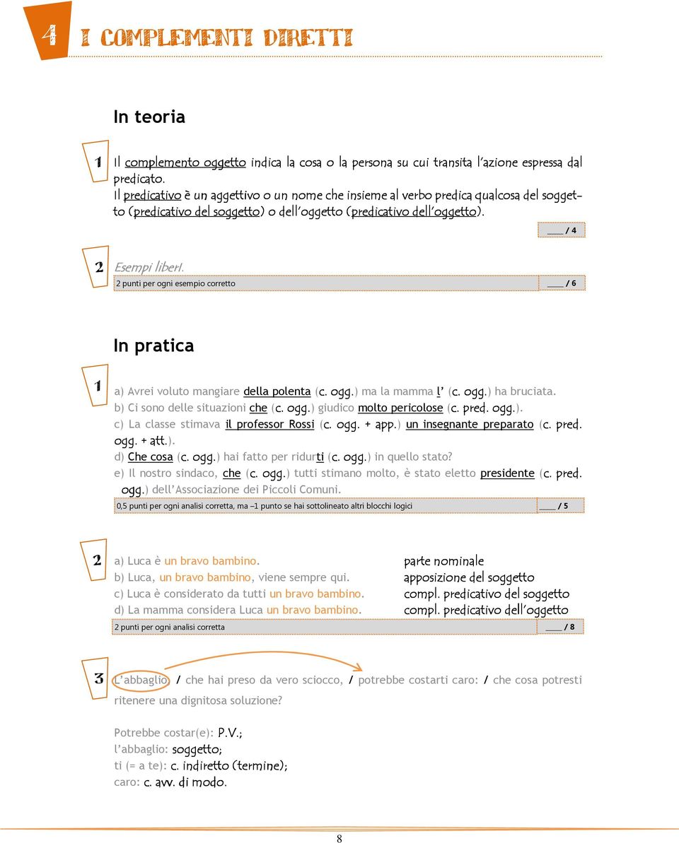 punti per ogni esempio corretto / 6 In pratica a) Avrei voluto mangiare della polenta (c. ogg.) ma la mamma l (c. ogg.) ha bruciata. b) Ci sono delle situazioni che (c. ogg.) giudico molto pericolose (c.