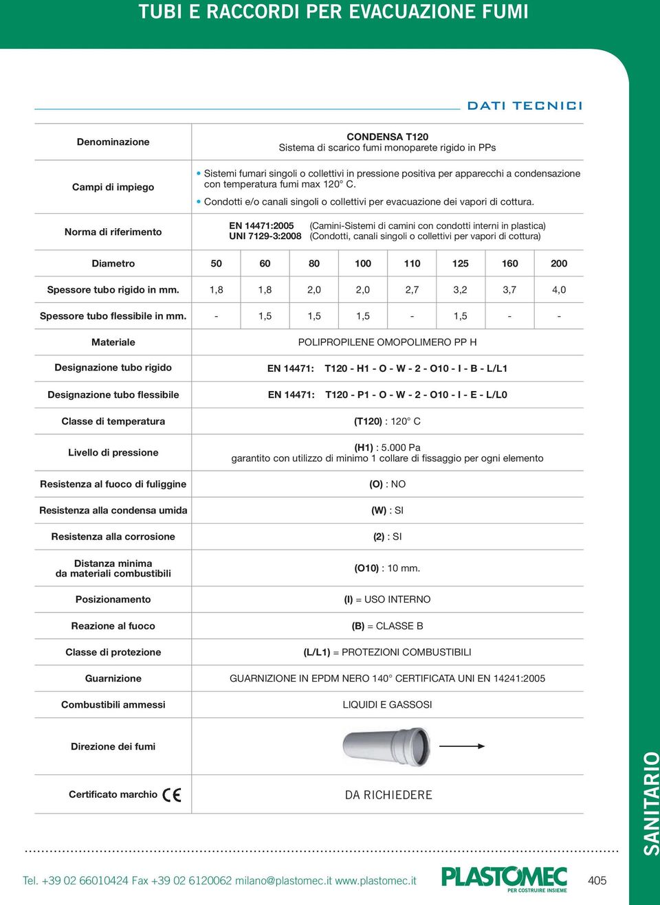 Norma di riferimento EN 14471:2005 UNI 7129-3:2008 (Camini-Sistemi di camini con condotti interni in plastica) (Condotti, canali singoli o collettivi per vapori di cottura) Diametro Spessore tubo