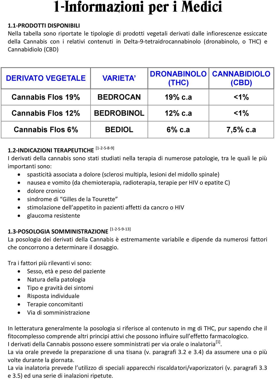 (dronabinolo, o THC) e Cannabidiolo (CBD) DERIVATO VEGETALE VARIETA DRONABINOLO (THC) CANNABIDIOLO (CBD) Cannabis Flos 19% BEDROCAN 19% c.a <1% Cannabis Flos 12% BEDROBINOL 12% c.