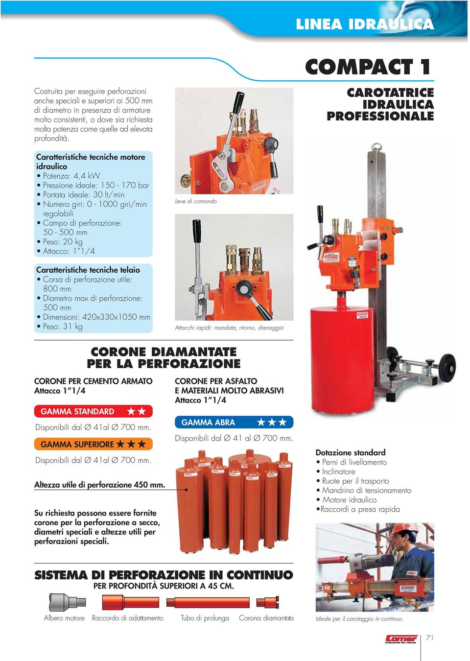 50-500 mm Peso: 20 kg Attacco: 1 1/4 telaio Corsa di perforazione utile: 800 mm Diametro max di perforazione: 500 mm Dimensioni: 420x330x1050 mm Peso: 31 kg Leve di comando Attacchi rapidi: mandata,