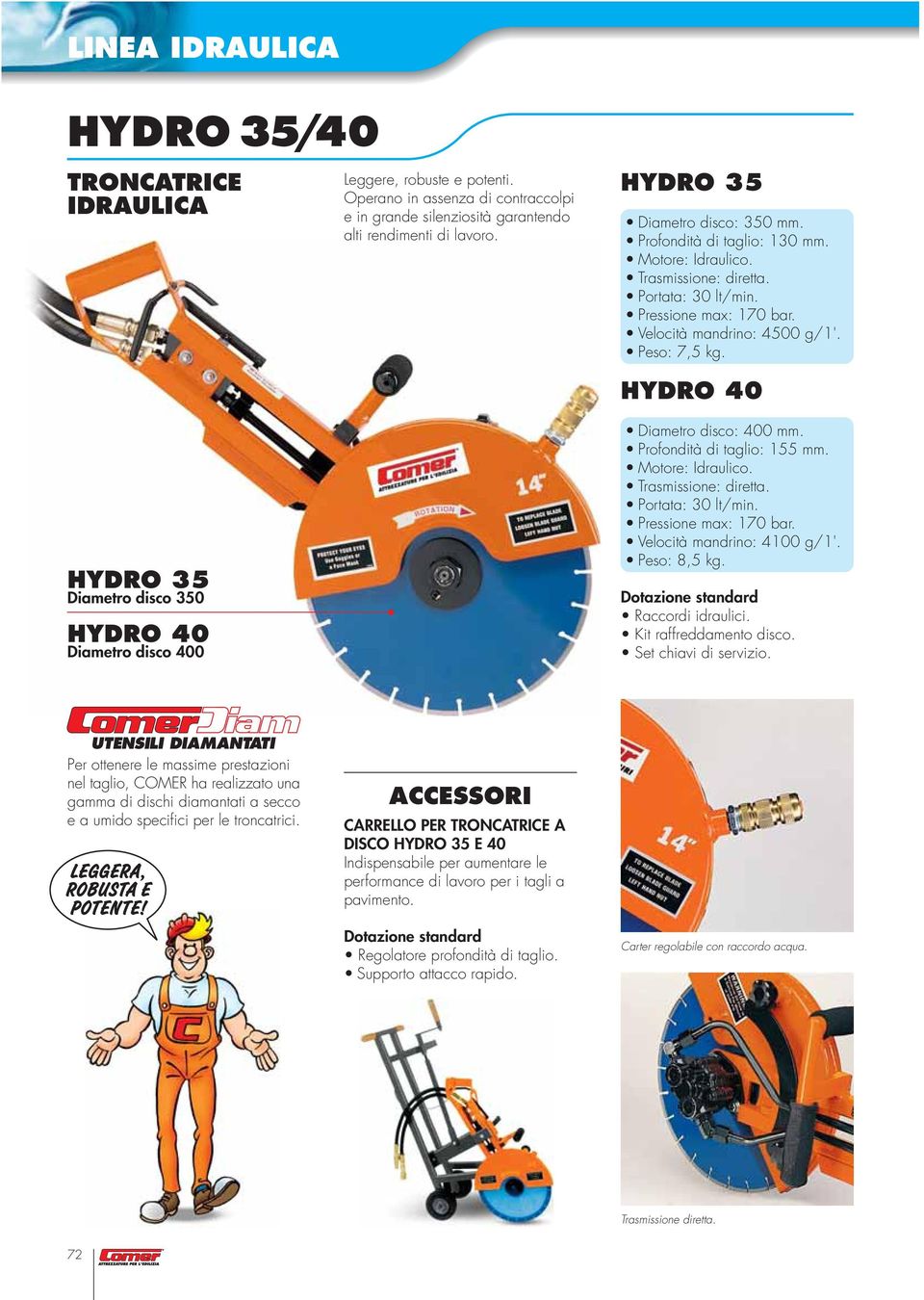 40 Diametro disco: 400 mm. Profondità di taglio: 155 mm. Motore: Idraulico. Trasmissione: diretta. Portata: 30 lt/min. Pressione max: 170 bar. Velocità mandrino: 4100 g/1'. Peso: 8,5 kg.