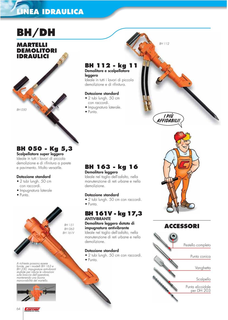 50 cm con raccordi. Impugnatura laterale Punta. BH 163 - kg 16 Demolitore leggero Ideale nel taglio dell'asfalto, nella manutenzione di reti urbane e nella demolizione. 2 tubi lungh.