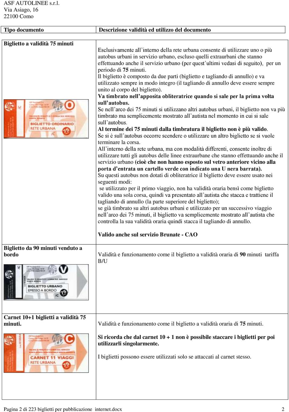 Il biglietto è composto da due parti (biglietto e tagliando di annullo) e va utilizzato sempre in modo integro (il tagliando di annullo deve essere sempre unito al corpo del biglietto).