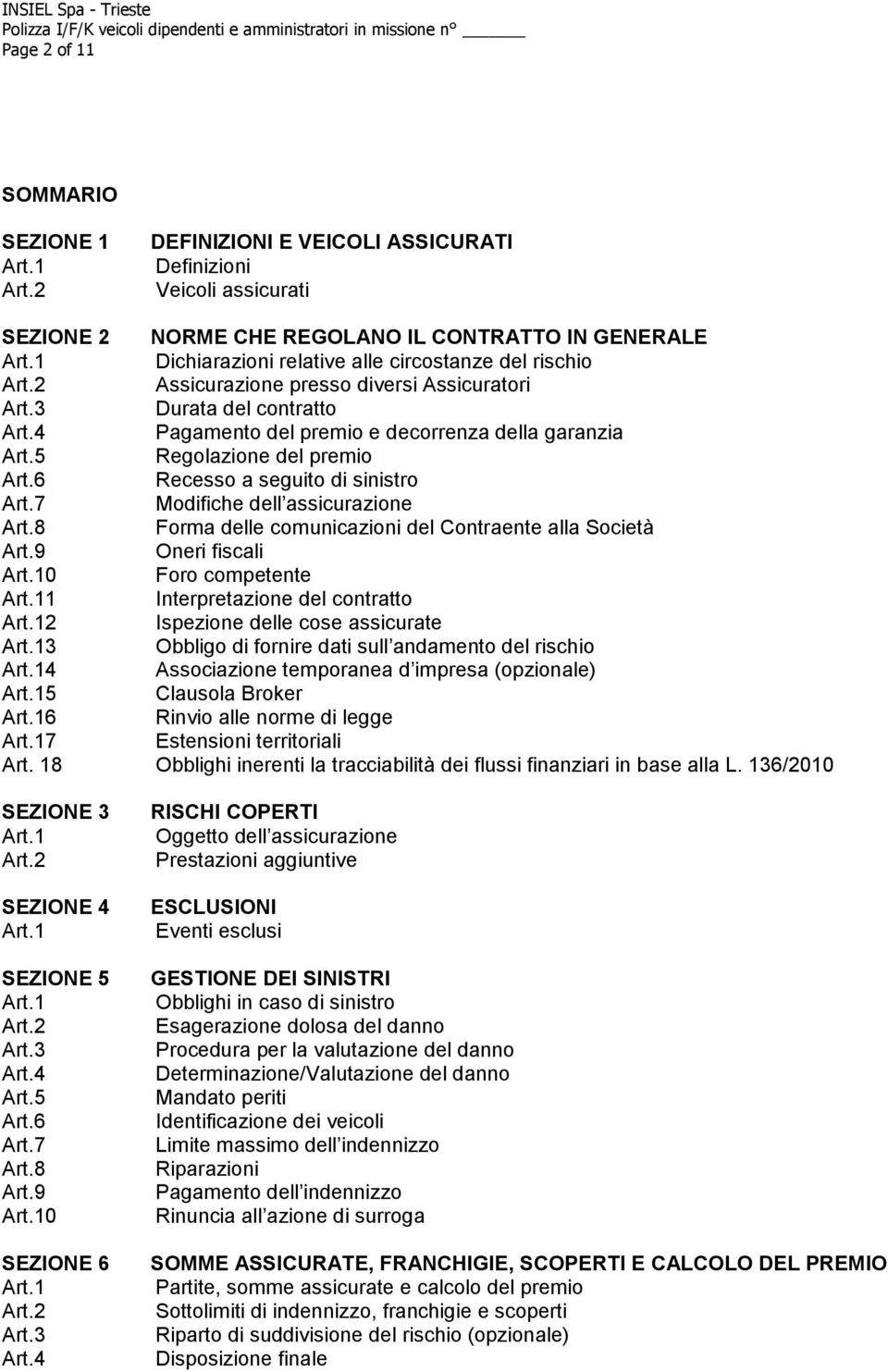 2 Assicurazione presso diversi Assicuratori Art.3 Durata del contratto Art.4 Pagamento del premio e decorrenza della garanzia Art.5 Regolazione del premio Art.6 Recesso a seguito di sinistro Art.