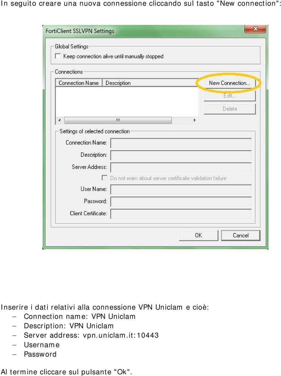 cioè: Connection name: VPN Uniclam Description: VPN Uniclam Server