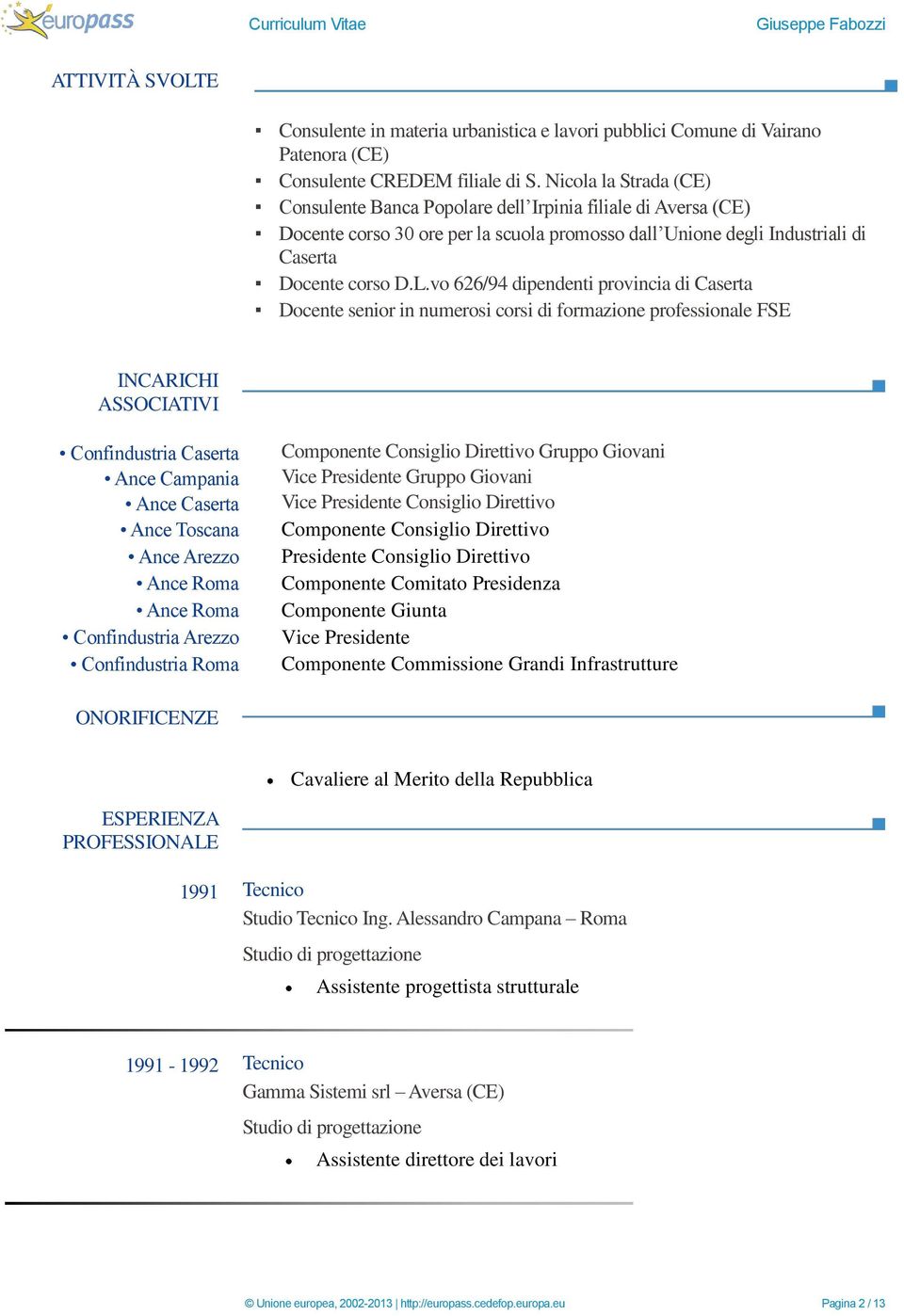 vo 626/94 dipendenti provincia di Caserta Docente senior in numerosi corsi di formazione professionale FSE INCARICHI ASSOCIATIVI Confindustria Caserta Ance Campania Ance Caserta Ance Toscana Ance