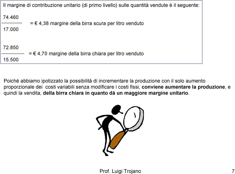 500 = 4,70 margine della birra chiara per litro venduto Poiché abbiamo ipotizzato la possibilità di incrementare la produzione