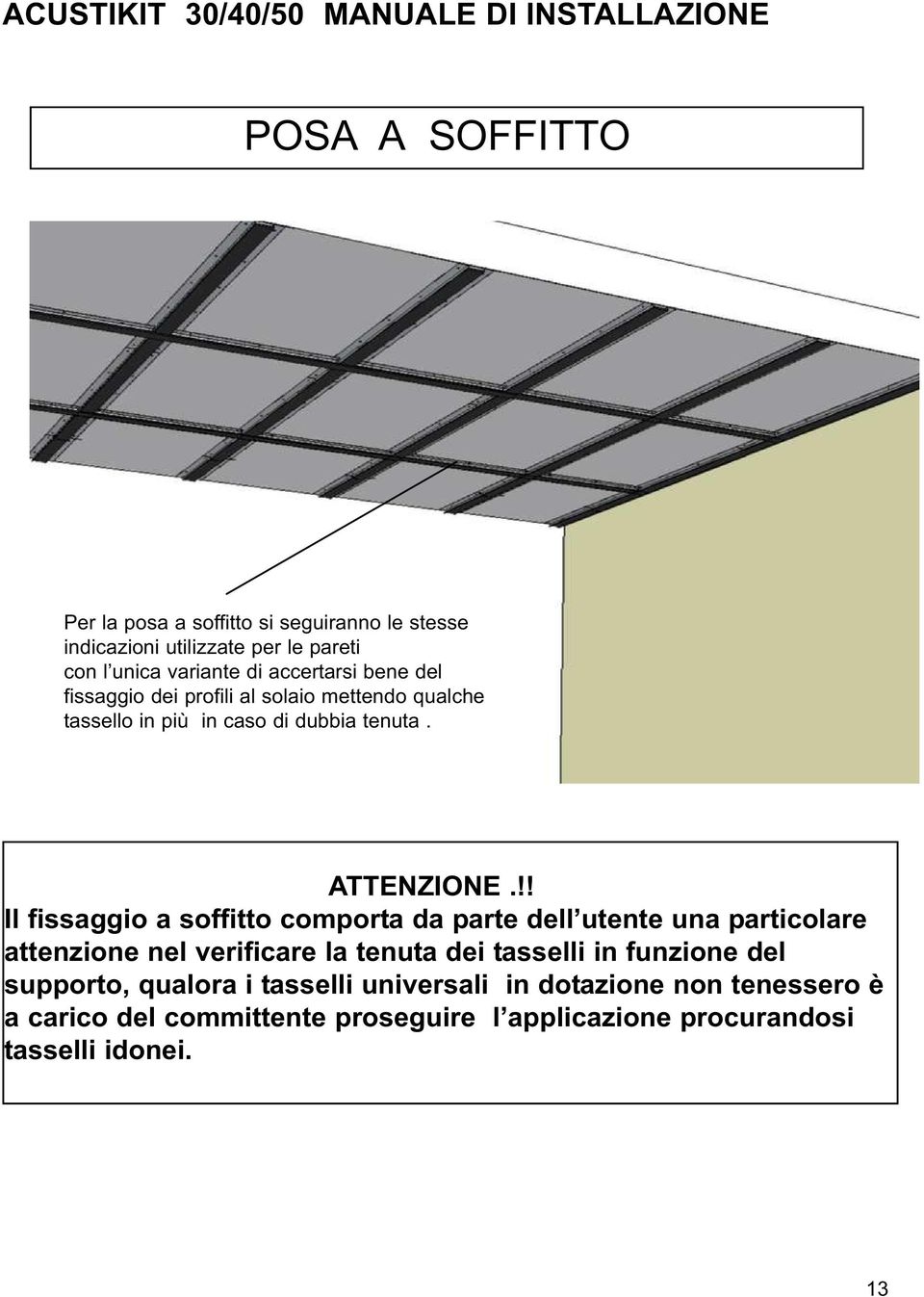 !! Il fissaggio a soffitto comporta da parte dell utente una particolare attenzione nel verificare la tenuta dei tasselli in funzione