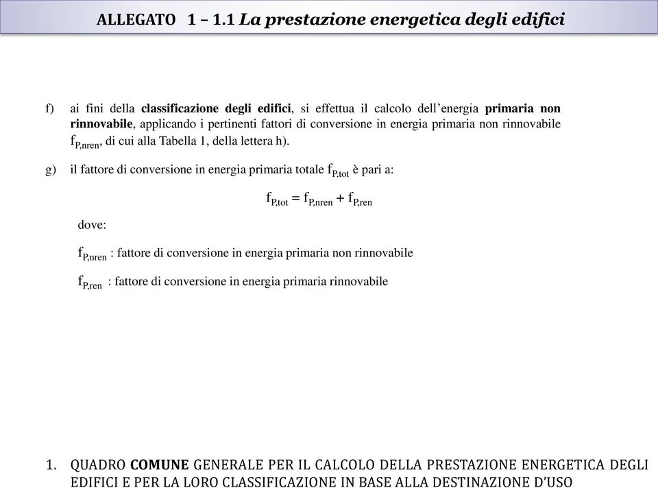 pertinenti fattori di conversione in energia primaria non rinnovabile f P,nren, di cui alla Tabella 1, della lettera h).