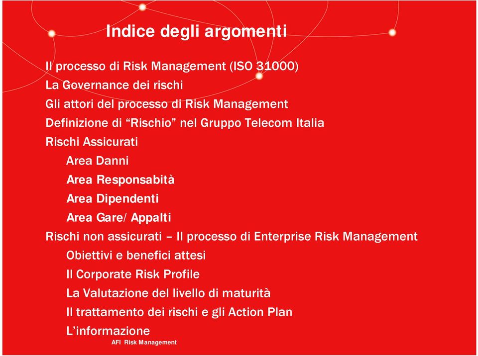 Gare/Appalti Rischi non assicurati Il processo di Enterprise Risk Management Obiettivi e befici attesi Il Corporate