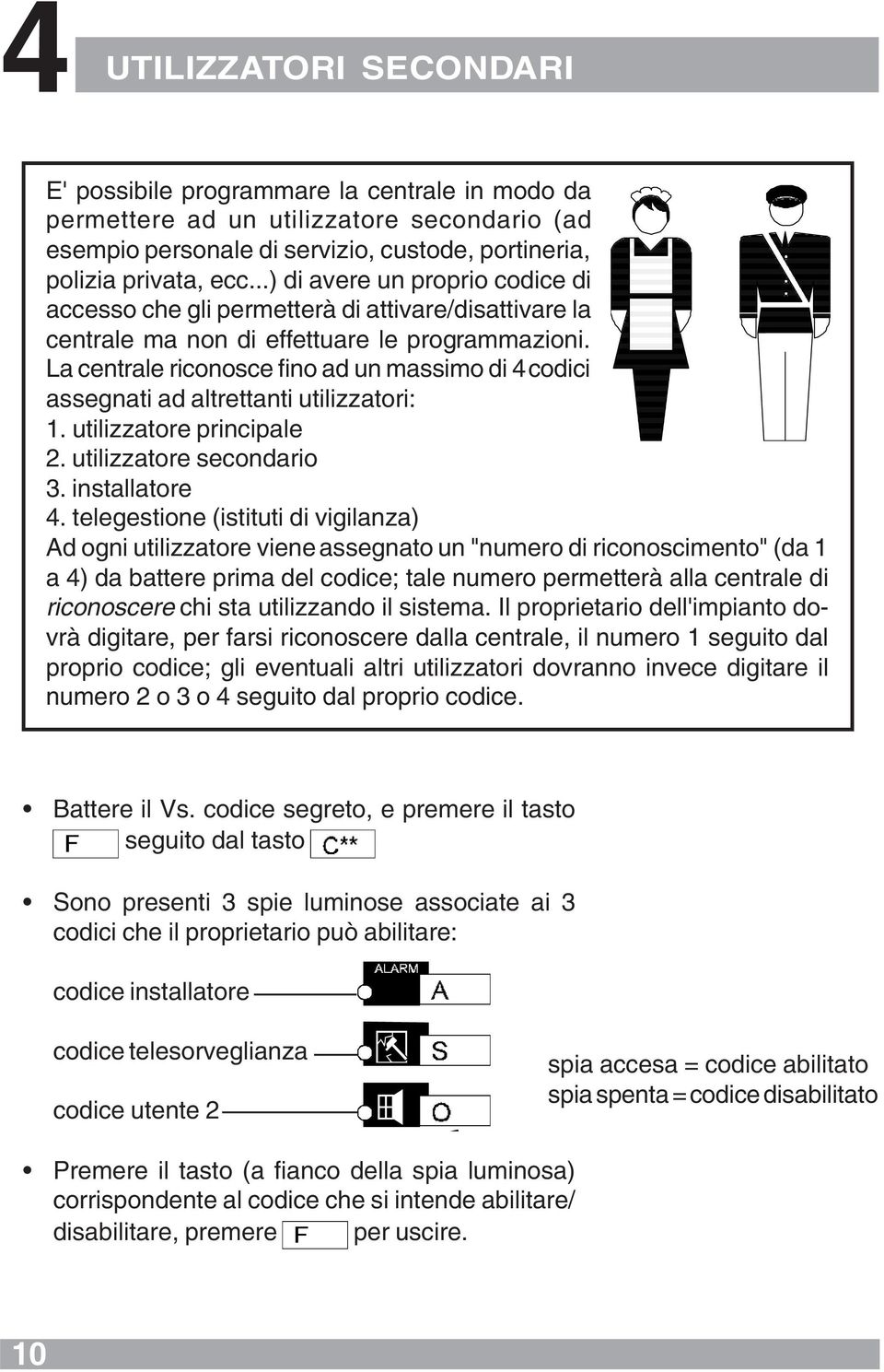 La centrale riconosce fino ad un massimo di 4 codici assegnati ad altrettanti utilizzatori: 1. utilizzatore principale 2. utilizzatore secondario 3. installatore 4.