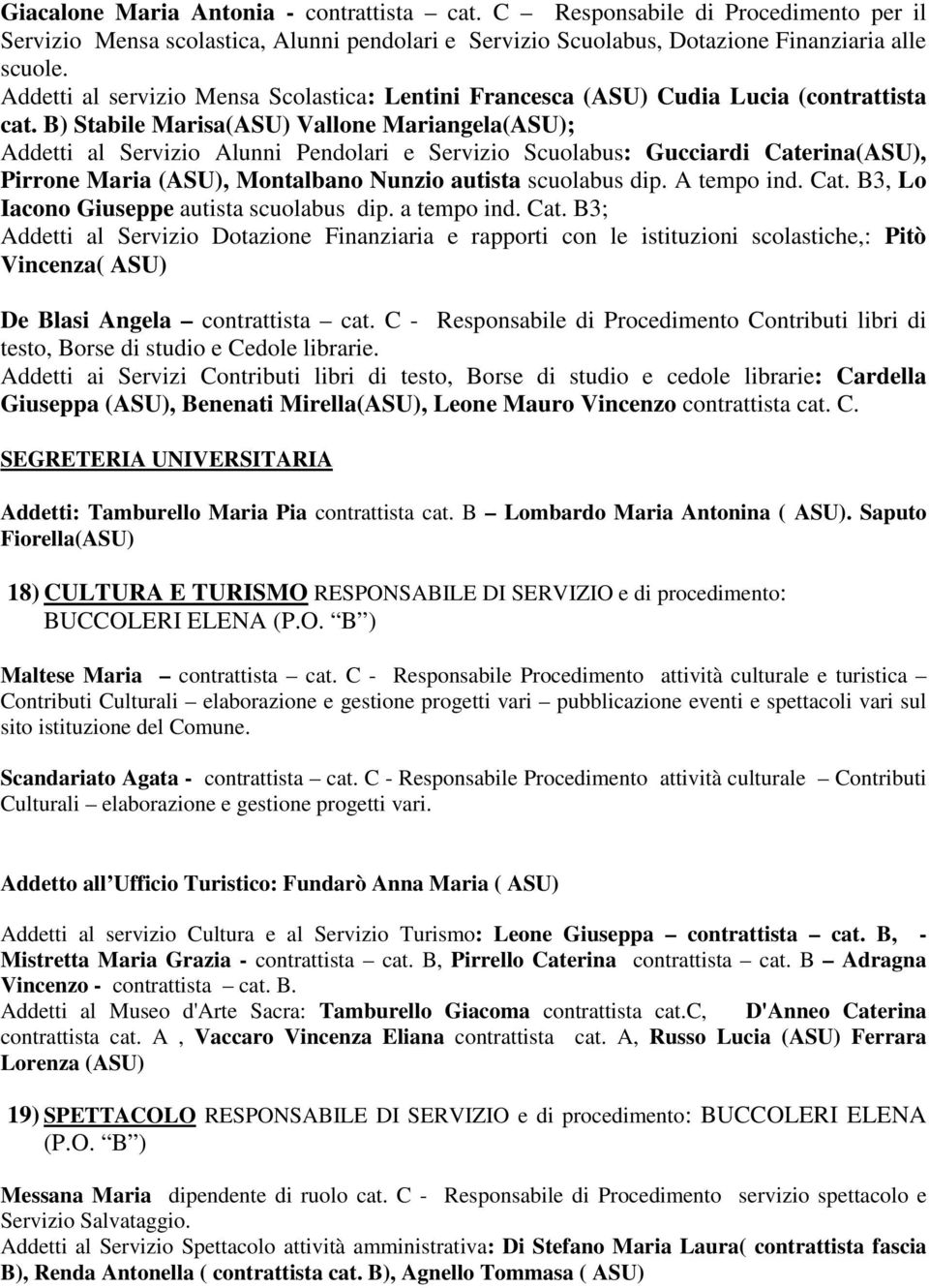 B) Stabile Marisa(ASU) Vallone Mariangela(ASU); Addetti al Servizio Alunni Pendolari e Servizio Scuolabus: Gucciardi Caterina(ASU), Pirrone Maria (ASU), Montalbano Nunzio autista scuolabus dip.