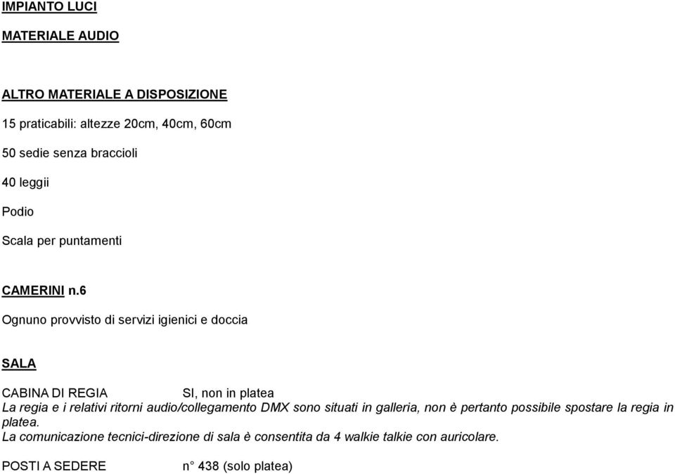 6 Ognuno provvisto di servizi igienici e doccia SALA CABINA DI REGIA SI, non in platea La regia e i relativi ritorni