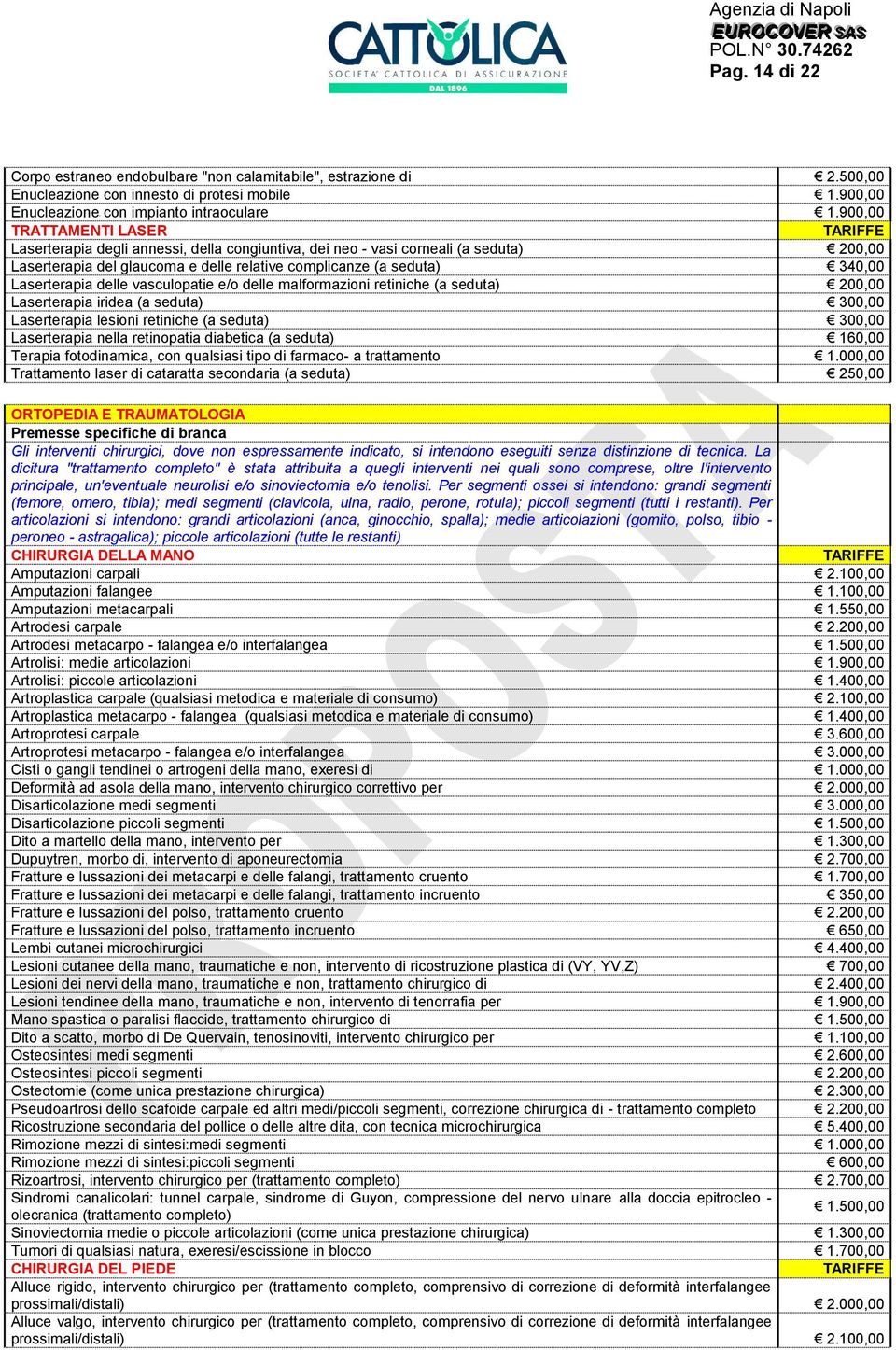 delle vasculopatie e/o delle malformazioni retiniche (a seduta) 200,00 Laserterapia iridea (a seduta) 300,00 Laserterapia lesioni retiniche (a seduta) 300,00 Laserterapia nella retinopatia diabetica