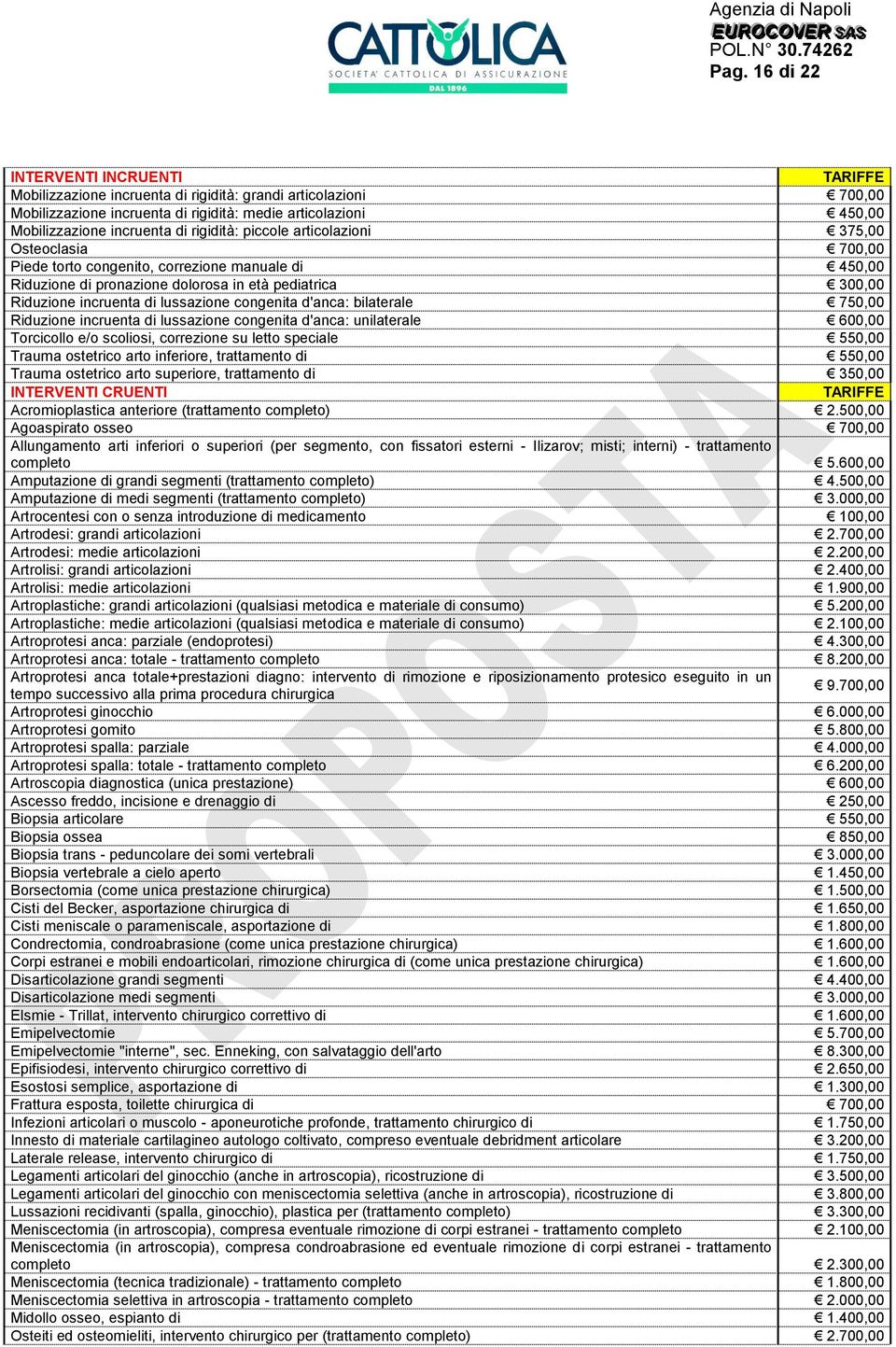 lussazione congenita d'anca: bilaterale 750,00 Riduzione incruenta di lussazione congenita d'anca: unilaterale 600,00 Torcicollo e/o scoliosi, correzione su letto speciale 550,00 Trauma ostetrico