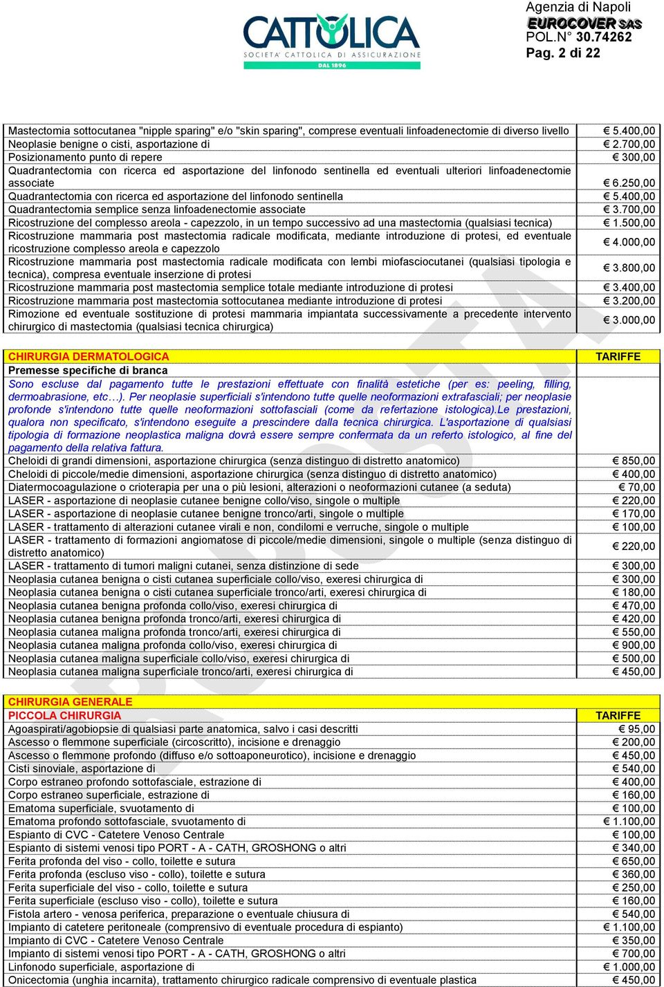 250,00 Quadrantectomia con ricerca ed asportazione del linfonodo sentinella 5.400,00 Quadrantectomia semplice senza linfoadenectomie associate 3.