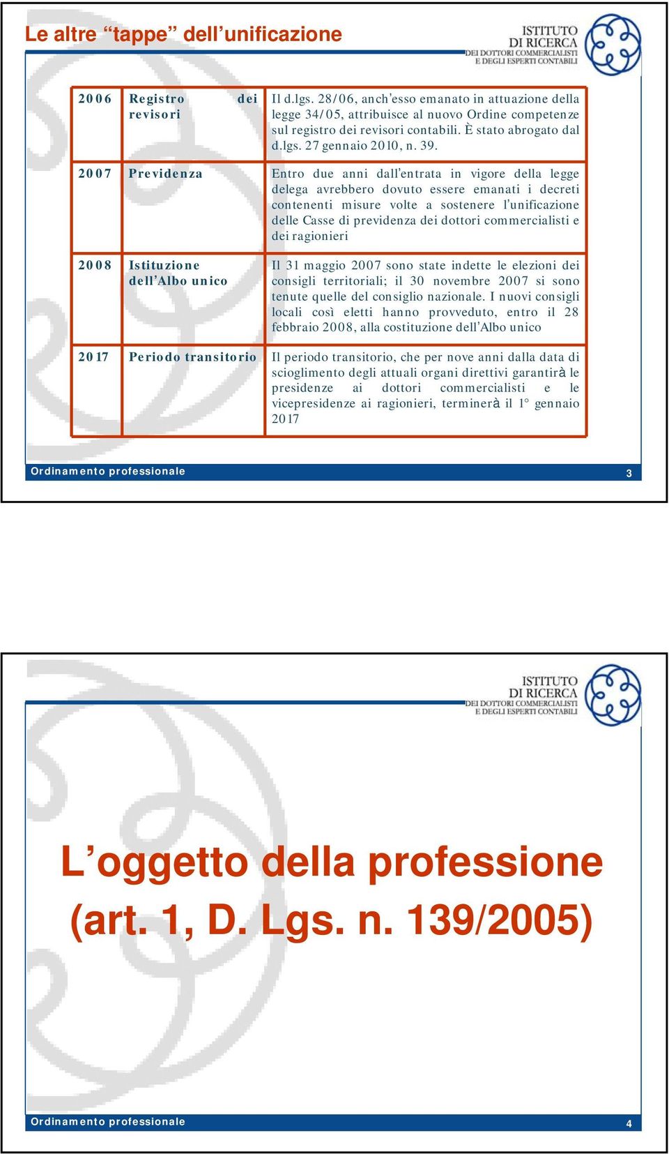 2007 Previdenza Entro due anni dall entrata in vigore della legge delega avrebbero dovuto essere emanati i decreti contenenti misure volte a sostenere l unificazione delle Casse di previdenza dei