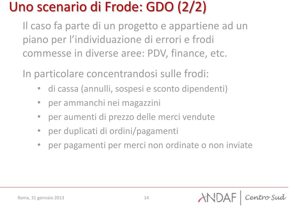 In particolare concentrandosi sulle frodi: di cassa (annulli, sospesi e sconto dipendenti) per ammanchi