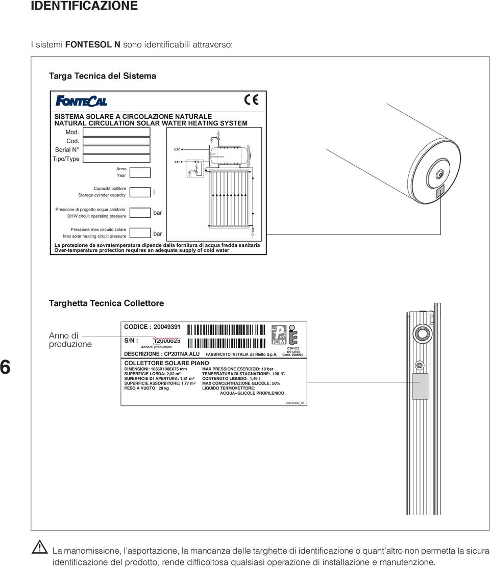 heating circuit pressure bar La protezione da sovratemperatura dipende dalla fornitura di acqua fredda sanitaria Over-temperature protection requires an adequate supply of cold water Targhetta