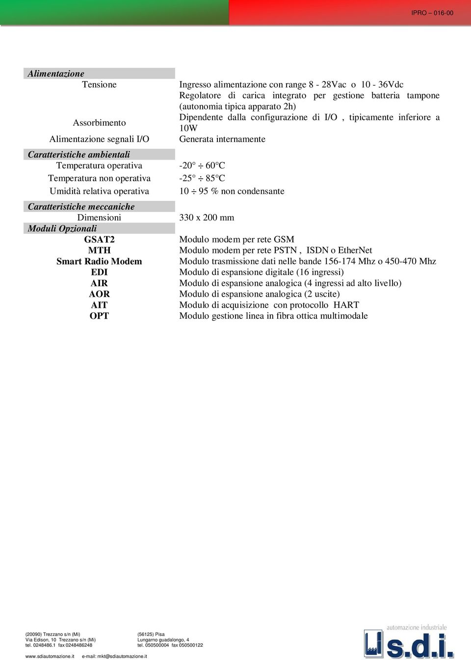 integrato per gestione batteria tampone (autonomia tipica apparato 2h) Dipendente dalla configurazione di I/O, tipicamente inferiore a 10W Generata internamente 330 x 200 mm Modulo modem per rete GSM