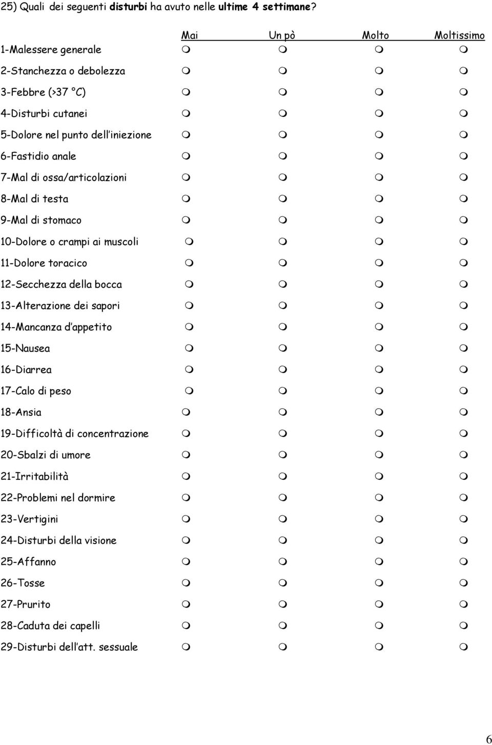 di ossa/articolazioni 8-Mal di testa 9-Mal di stomaco 10-Dolore o crampi ai muscoli 11-Dolore toracico 12-Secchezza della bocca 13-Alterazione dei sapori 14-Mancanza d