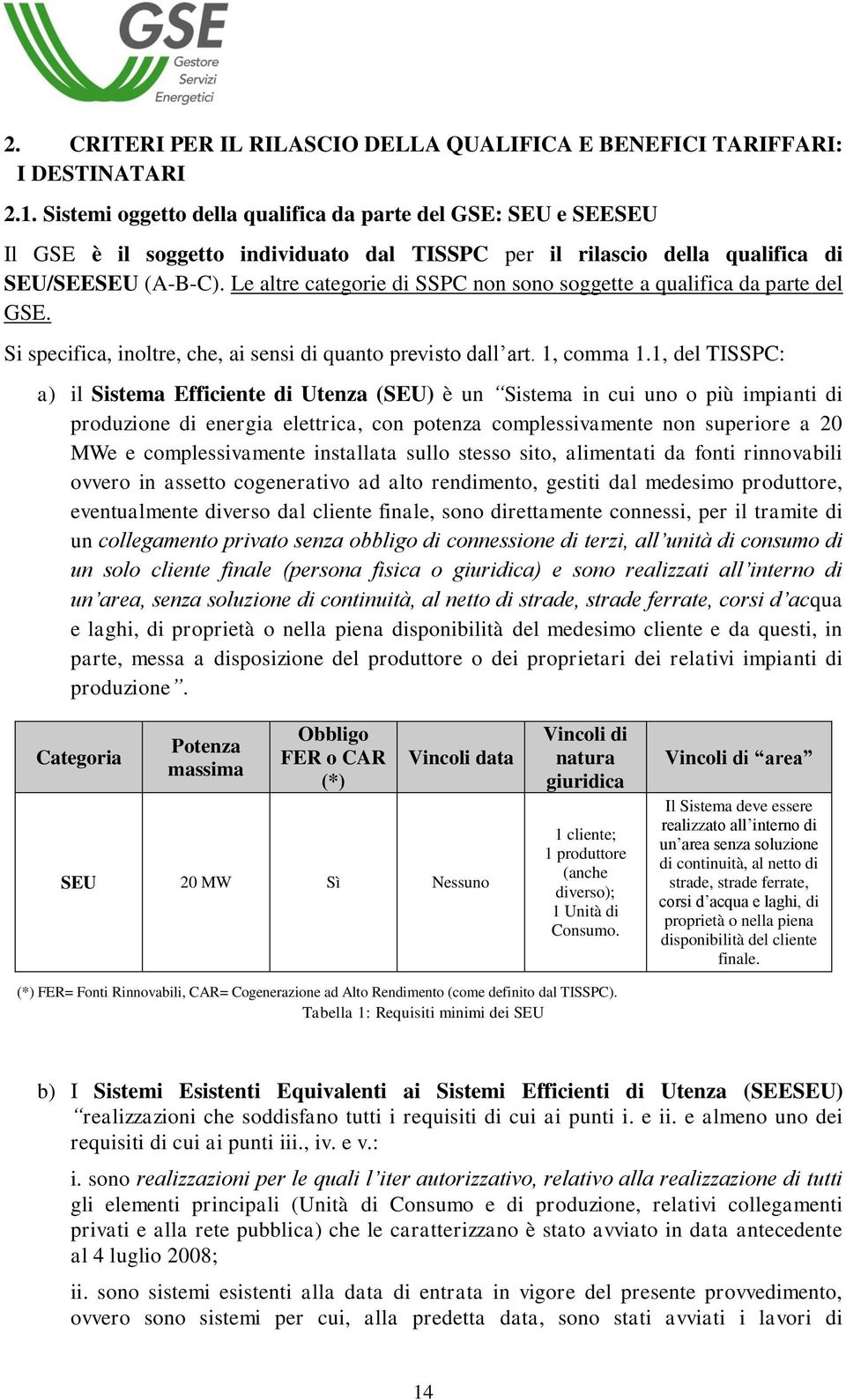 Le altre categorie di SSPC non sono soggette a qualifica da parte del GSE. Si specifica, inoltre, che, ai sensi di quanto previsto dall art. 1, comma 1.