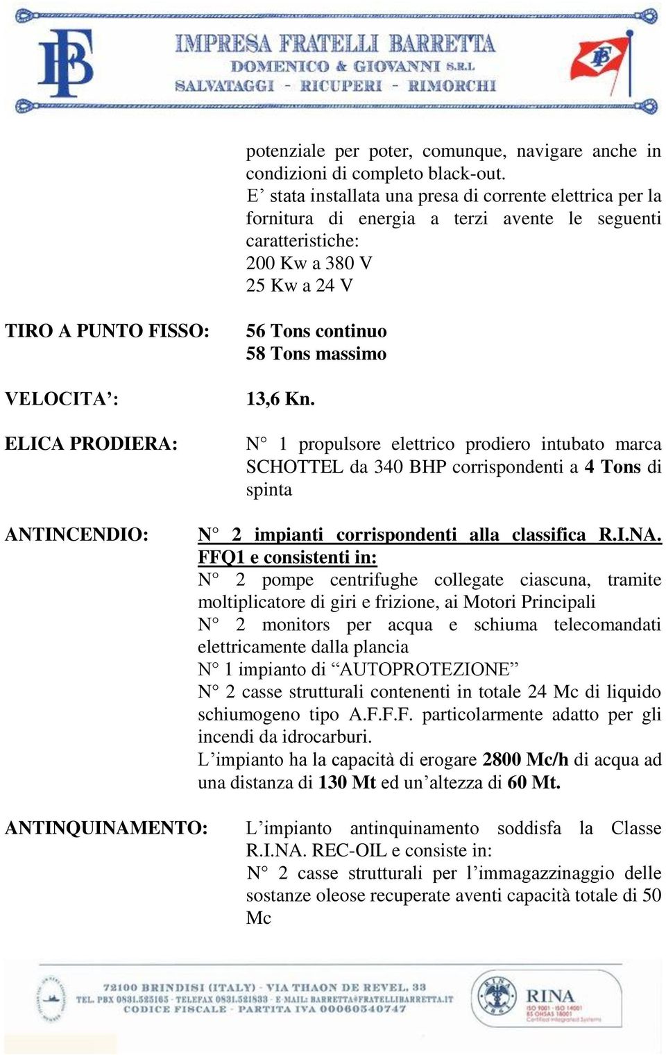 56 Tons continuo 58 Tons massimo 13,6 Kn.