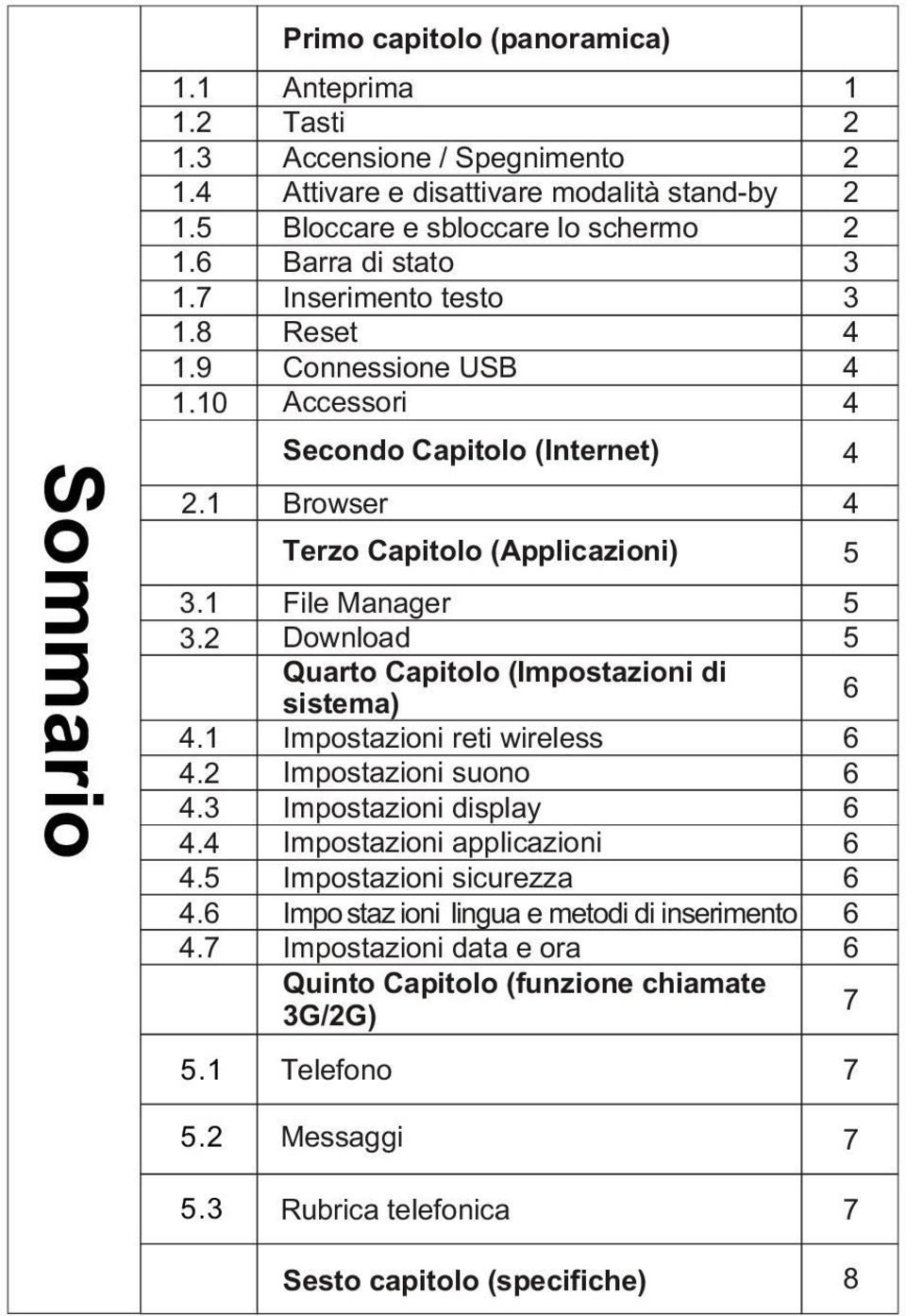 Connessione USB Accessori Secondo Capitolo (Internet) Browser Terzo Capitolo (Applicazioni) File Manager Download Quarto Capitolo (Impostazioni di sistema) Impostazioni reti wireless