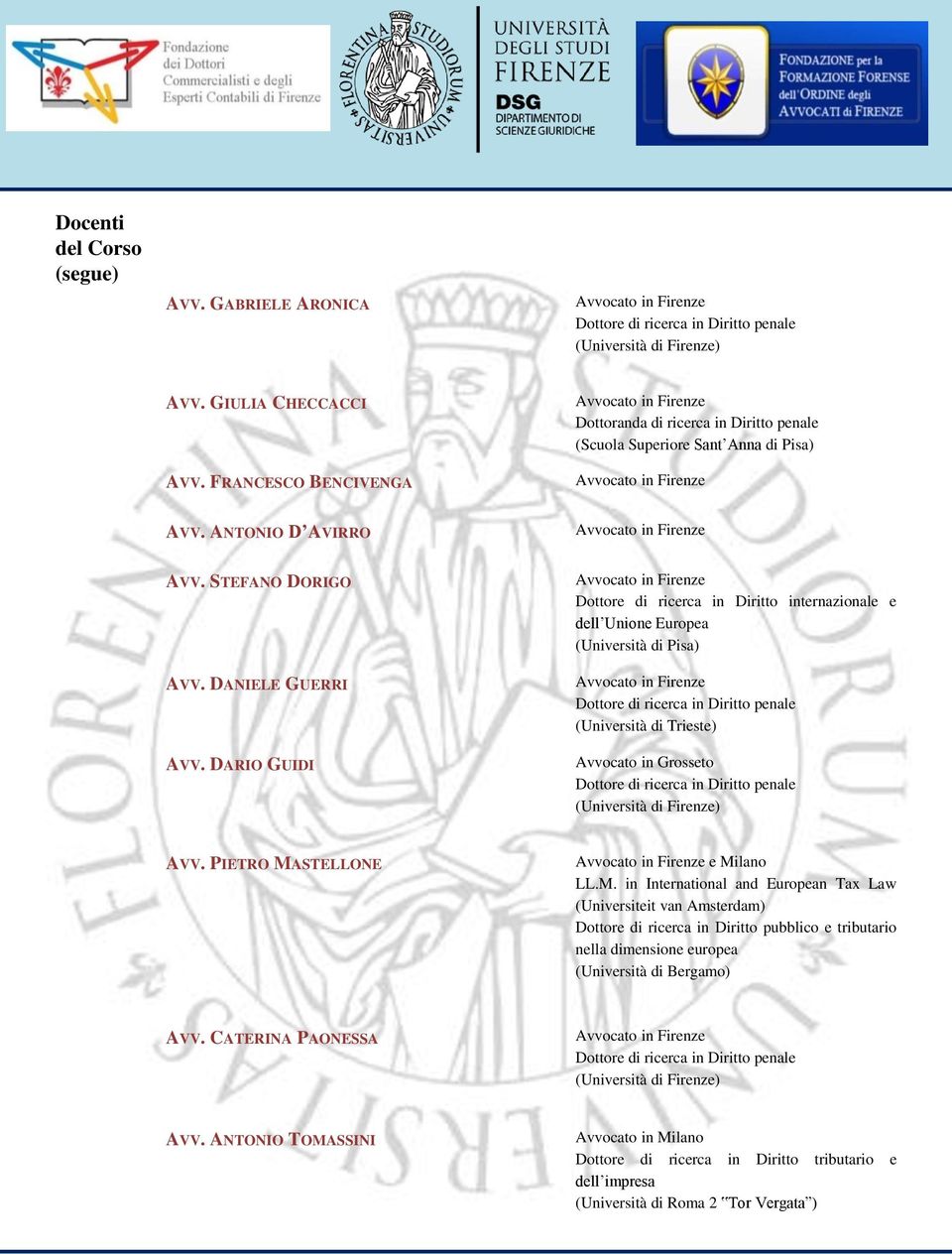 DARIO GUIDI Dottore di ricerca in Diritto internazionale e dell Unione Europea (Università di Pisa) Dottore di ricerca in Diritto penale (Università di Trieste) Avvocato in Grosseto Dottore di