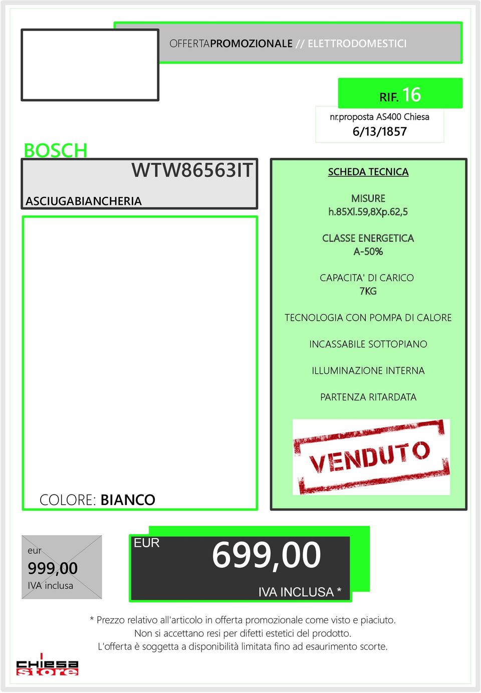 62,5 A-50% CAPACITA' DI CARICO 7KG TECNOLOGIA CON