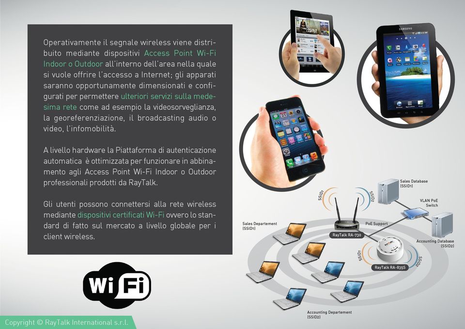 infomobilità. A livello hardware la Piattaforma di autenticazione automatica è ottimizzata per funzionare in abbinamento agli Access Point Wi-Fi Indoor o Outdoor professionali prodotti da RayTalk.