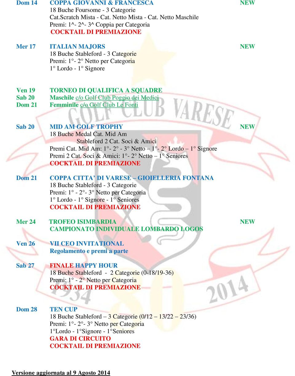 Femminile c/o Golf Club Le Fonti Sab 20 MID AM GOLF TROPHY NEW 18 Buche Medal Cat. Mid Am Stableford 2 Cat. Soci & Amici Premi Cat. Mid Am: 1-2 - 3 Netto 1-2 Lordo 1 Signore Premi 2 Cat.