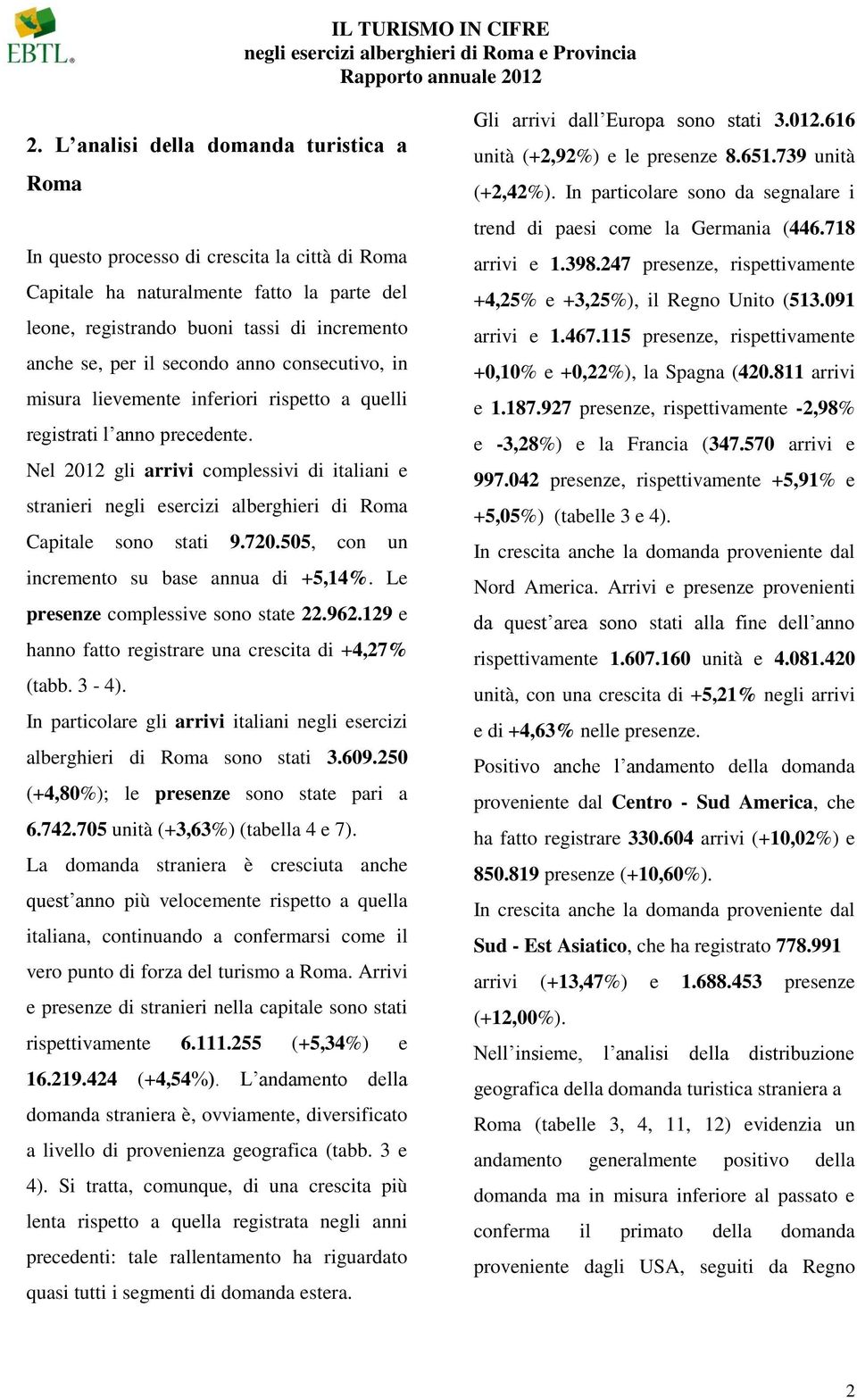 Nel 2012 gli arrivi complessivi di italiani e stranieri negli esercizi alberghieri di Roma Capitale sono stati 9.720.505, con un incremento su base annua di +5,14%.