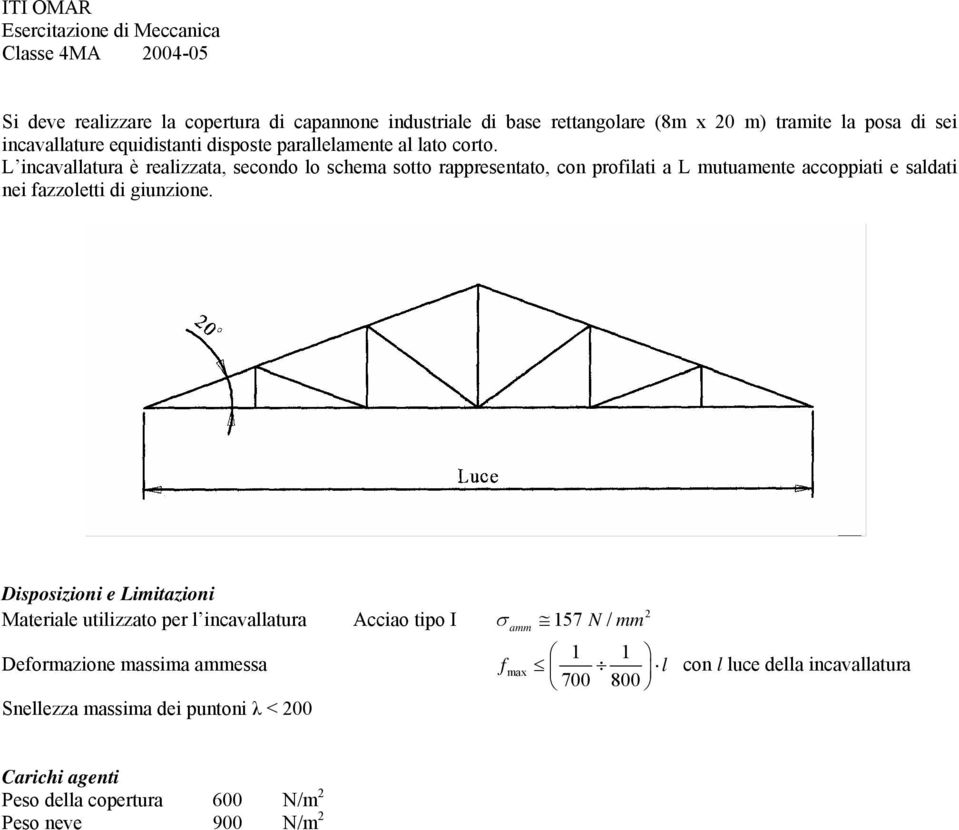 L incavallatura è realizzata, secondo lo schema sotto rappresentato, con profilati a L mutuamente accoppiati e saldati nei fazzoletti di giunzione.