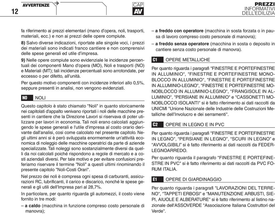 9) Nelle opere compiute sono evidenziale le incidenze percentuali dei componenti Mano d'opera (MO), Noli e trasporti (NO) e Materiali (MT); tali incidenze percentuali sono arrotondate, per eccesso o