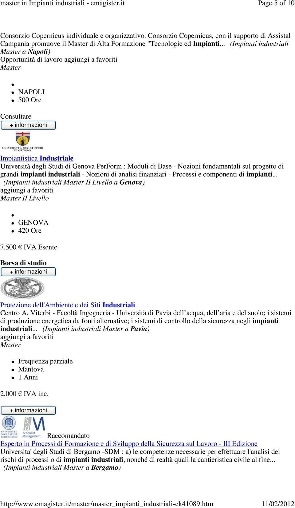 grandi impianti industriali - Nozioni di analisi finanziari - Processi e componenti di impianti... (Impianti industriali II Livello a Genova) II Livello GENOVA 420 Ore 7.