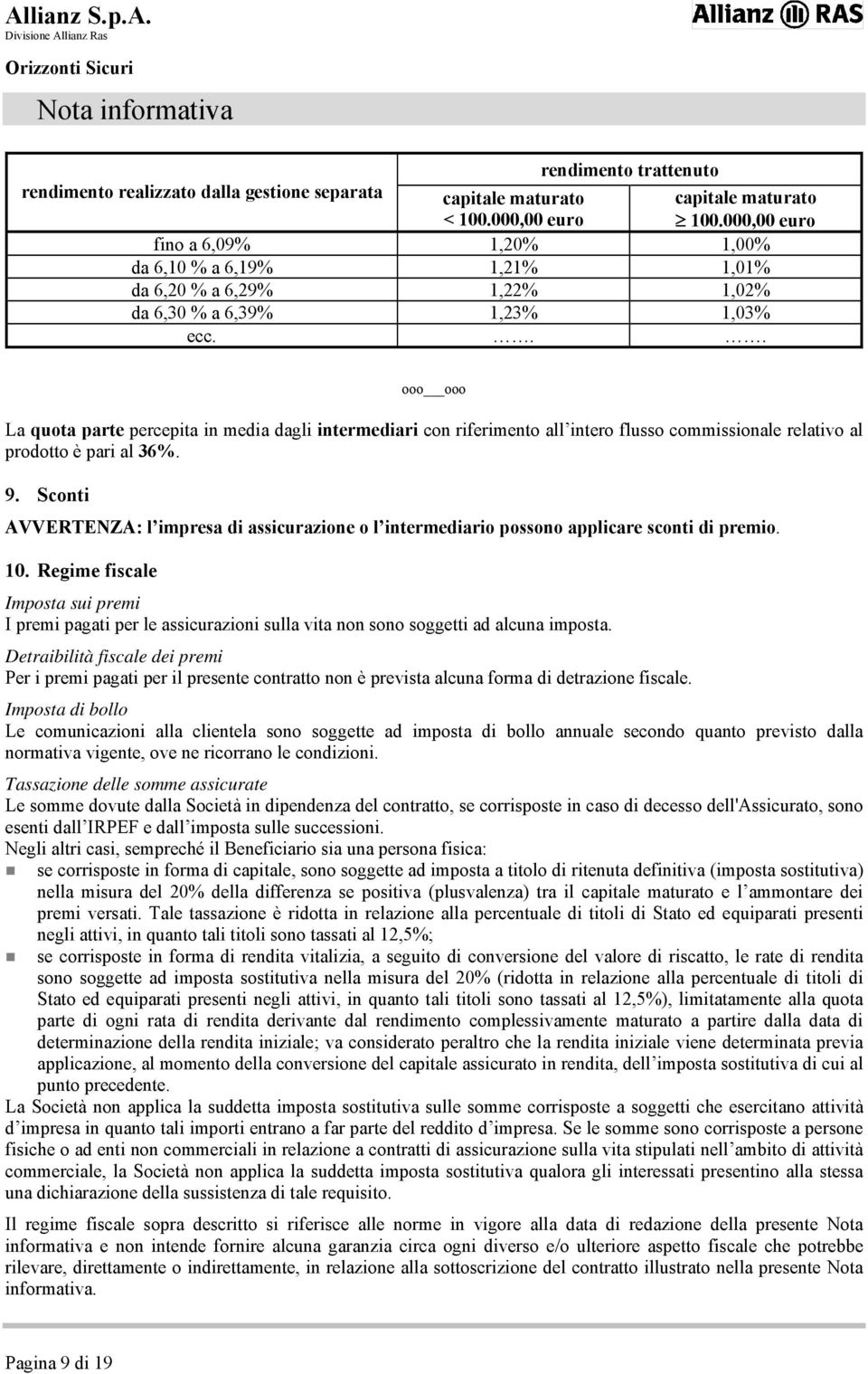 .. ooo ooo La quota parte percepita in media dagli intermediari con riferimento all intero flusso commissionale relativo al prodotto è pari al 36%. 9.