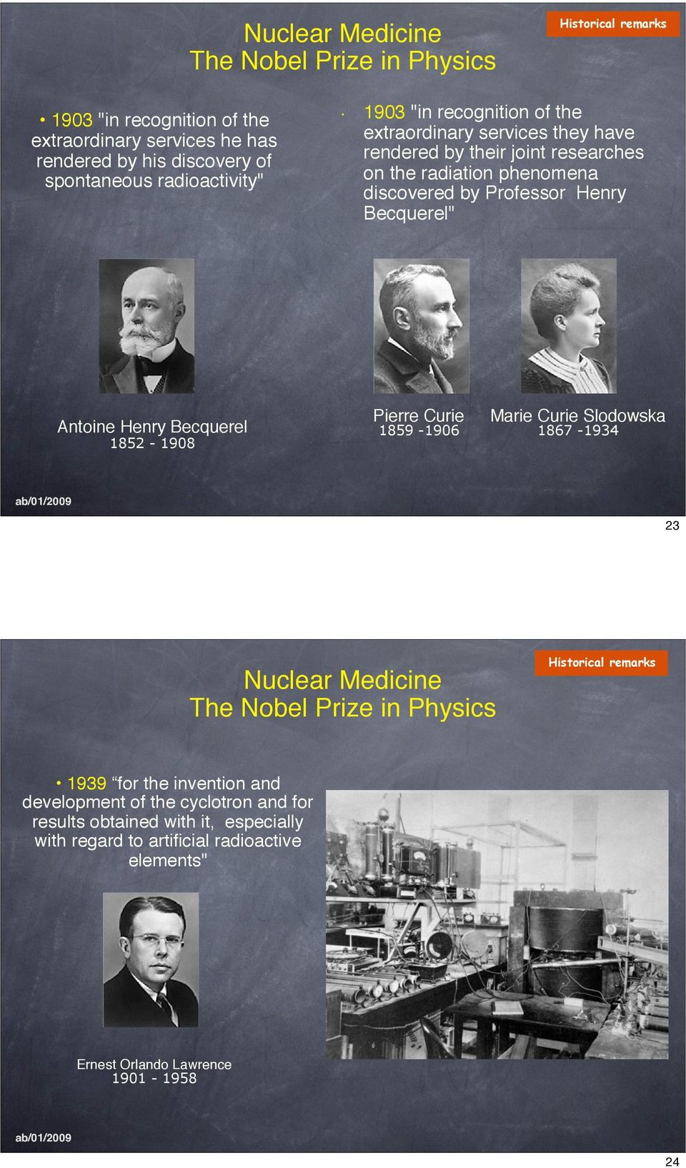 Becquerel" Antoine Henry Becquerel 1852-1908 Pierre Curie 1859-1906 Marie Curie Slodowska 1867-1934 23 Nuclear Medicine The Nobel Prize in Physics Historical remarks 1939